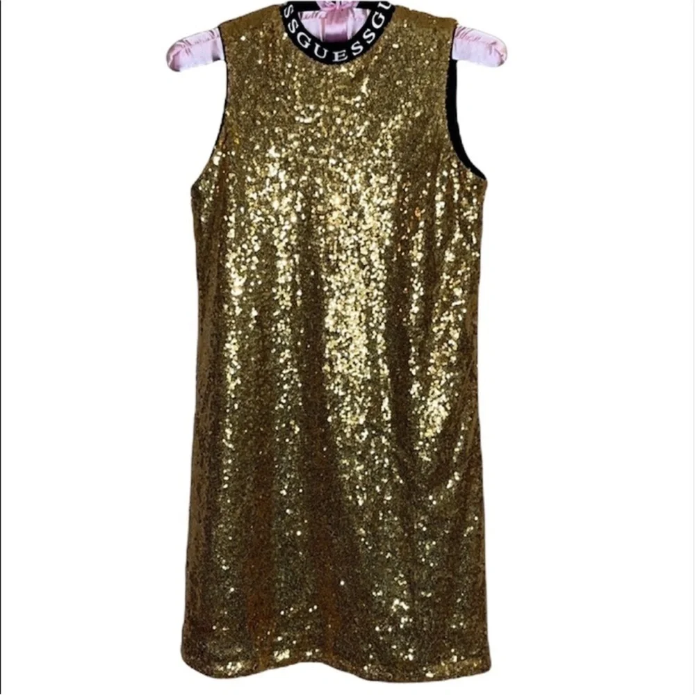 Guess Kids Gold Sequin Sleeveless Formal Shift Dress Size 12 Girls